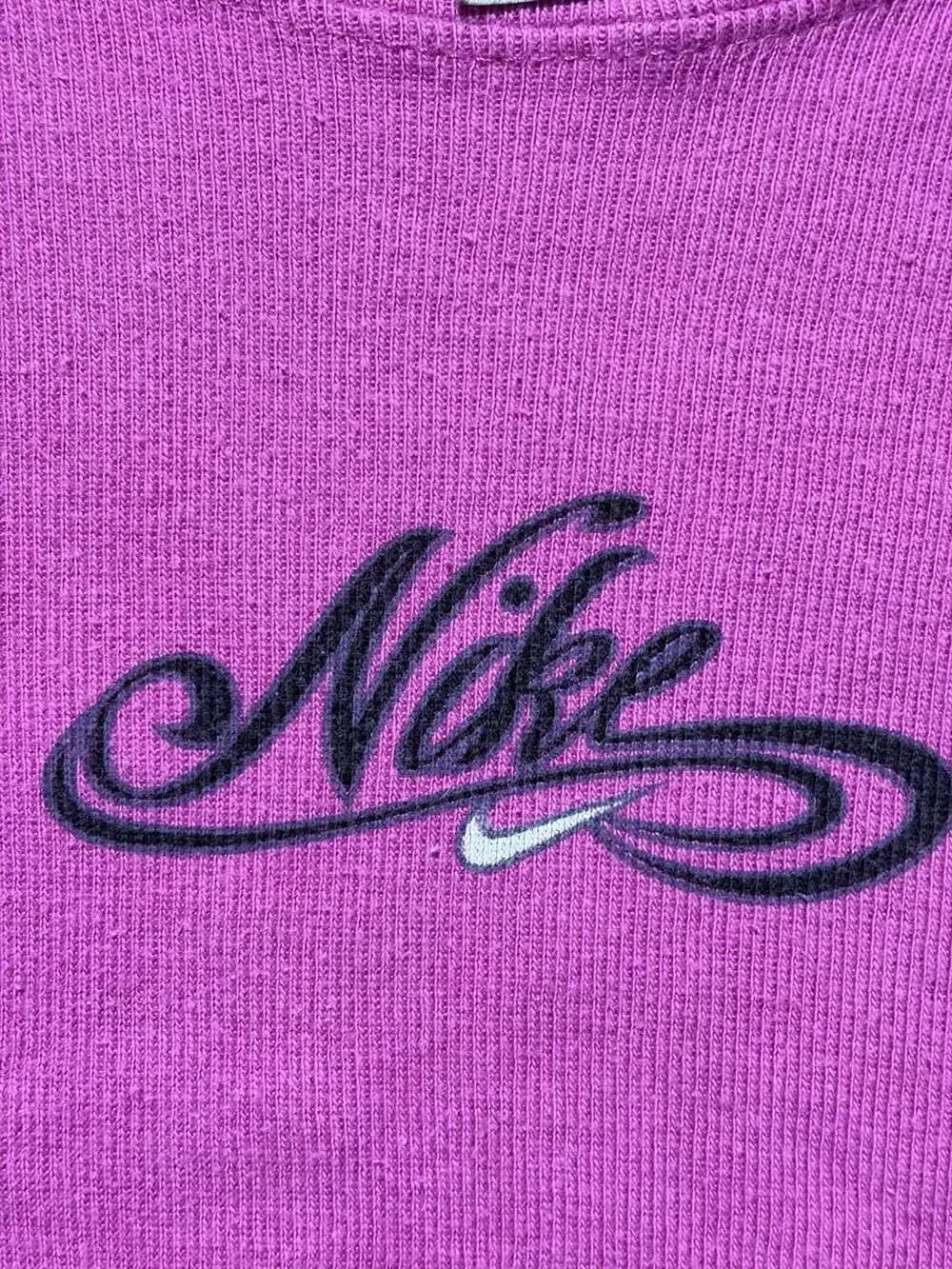 Vintage 90s Nike Purple Ribbed T-Shirt with Embroidered Swirl Logo